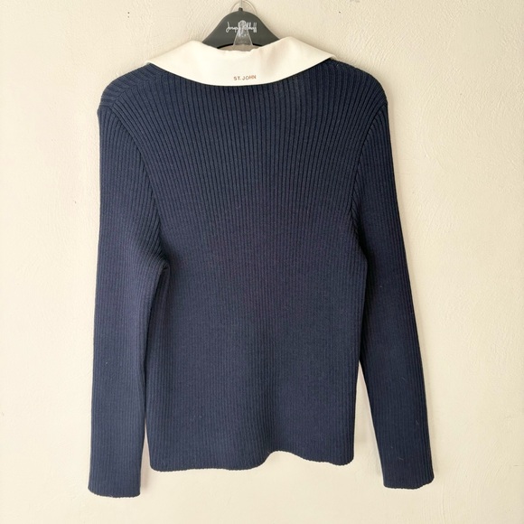 St John Sport Navy Blue Ribbed White Collar Nautical Sweater - Picture 6 of 7